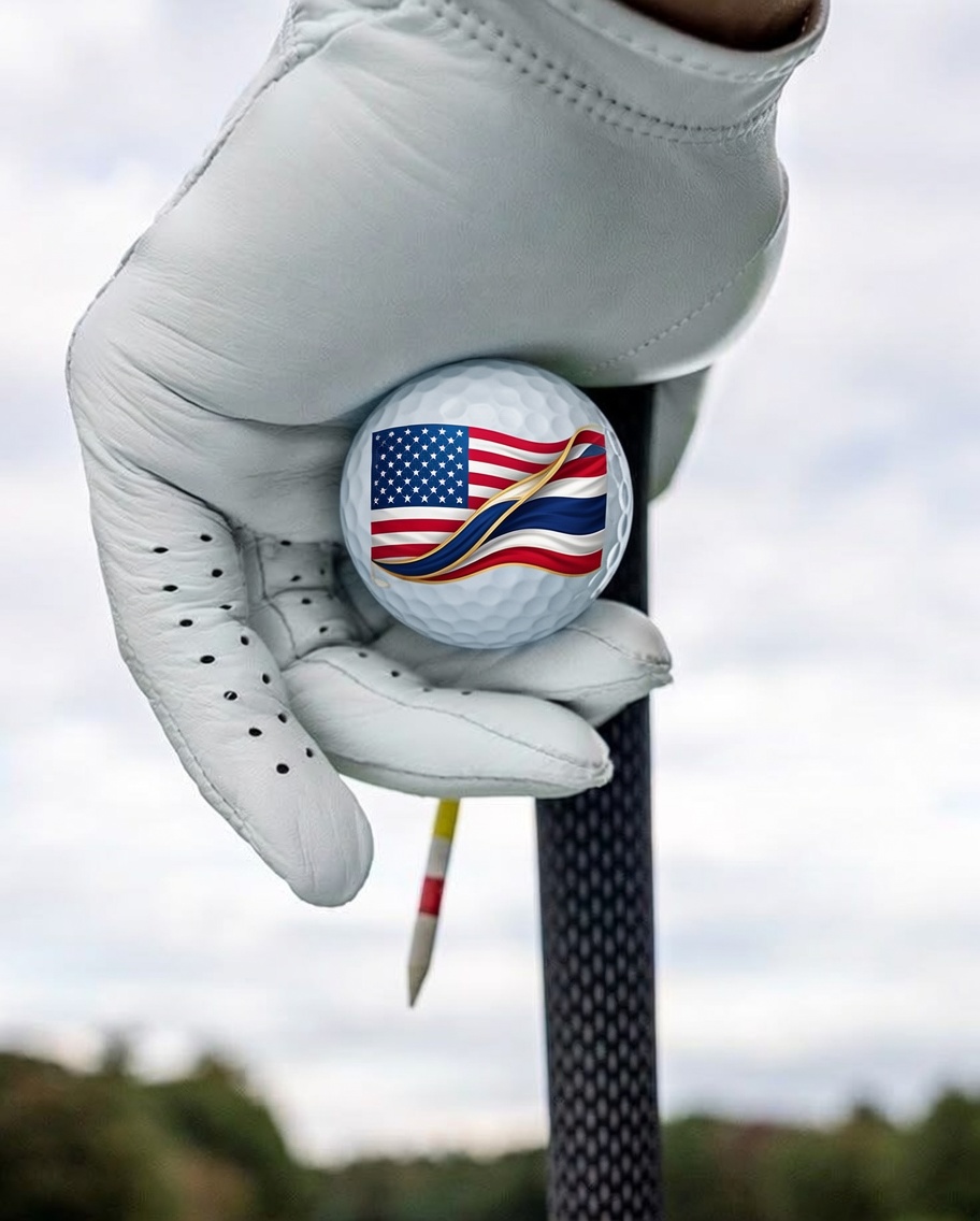 A gloved hand holds a golf ball marked with the intertwined flags of the United States and Thailand