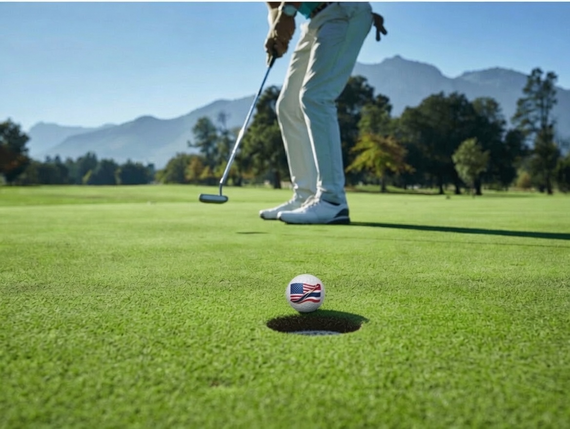 A golfer lines up a putt on the green